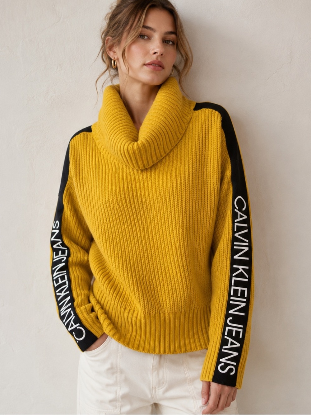 Calvin Klein Jeans Mustard Logo Sleeve Cowl Neck Sweater Medium